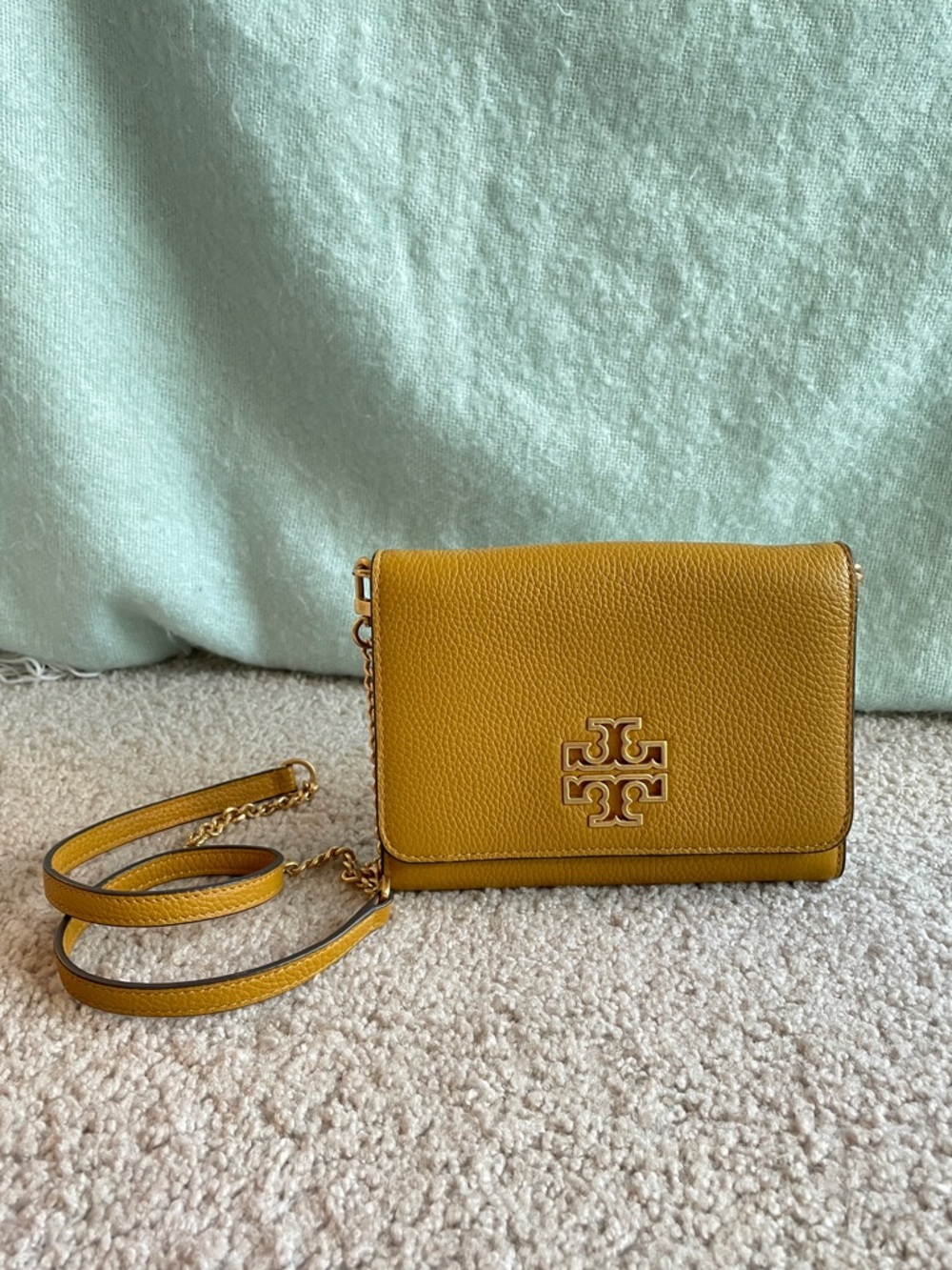 Tory Burch Britten Pebbled Leather Mustard Yellow Gold Chain Crossbody Purse